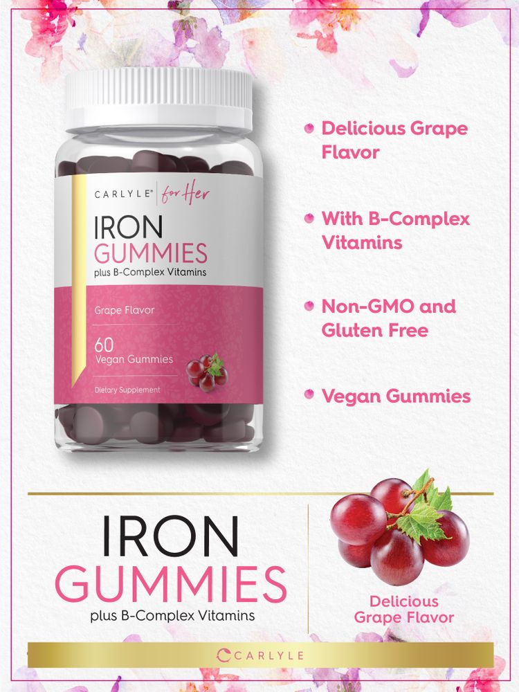 Carlyle Iron Gummies plus B-Complex Vitamins, grape flavored. Clear bottle with 60 vegan gummies and several loose gummies.