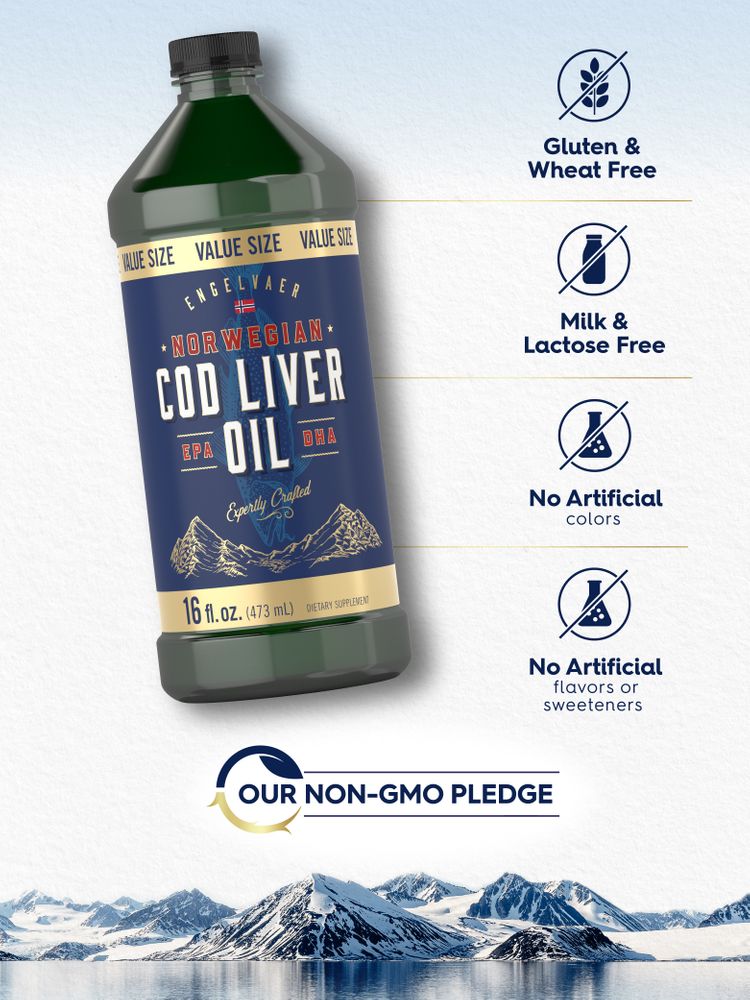 Hand holding a 16 fl. oz. (473 mL) bottle of Norwegian Cod Liver Oil liquid, value size.