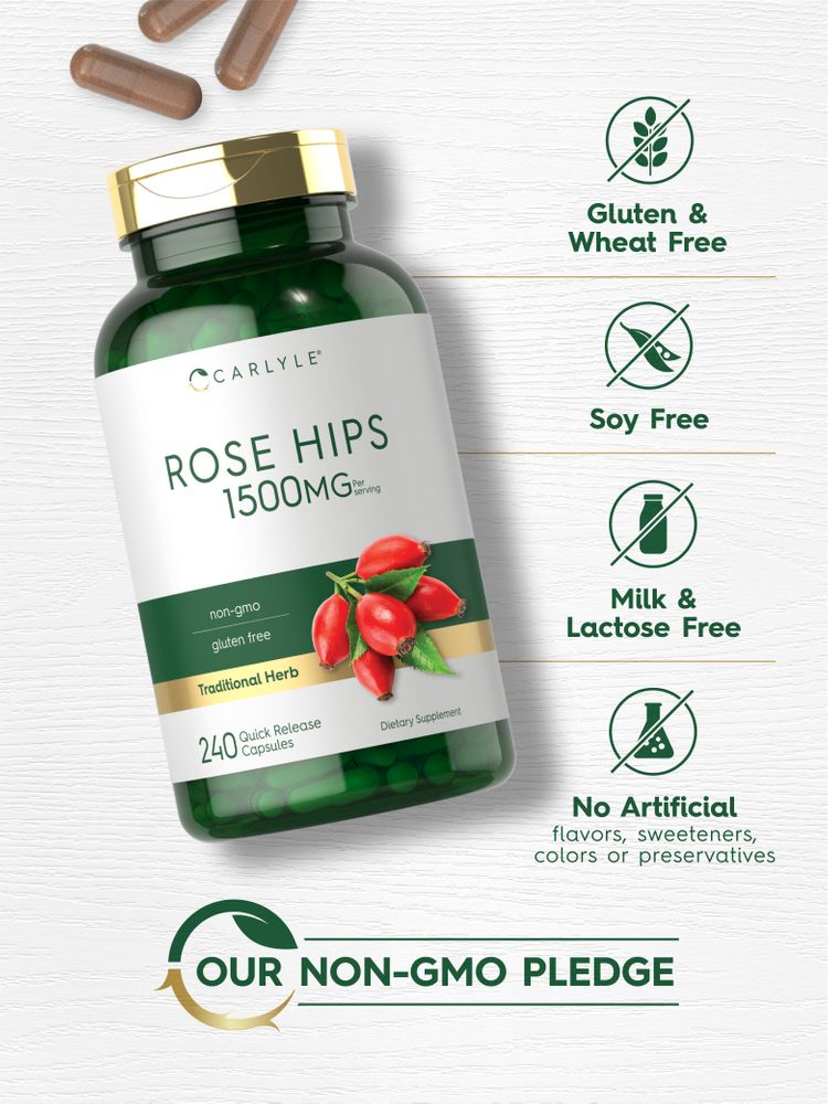 Carlyle Rose Hips 1500mg capsules in a green quick release format, shown on a scale for quantity display.