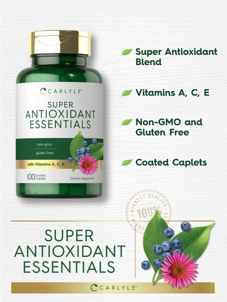 Carlyle Super Antioxidant Essentials features 100 coated caplets displayed on a hand scale, showcasing its bulk packaging.