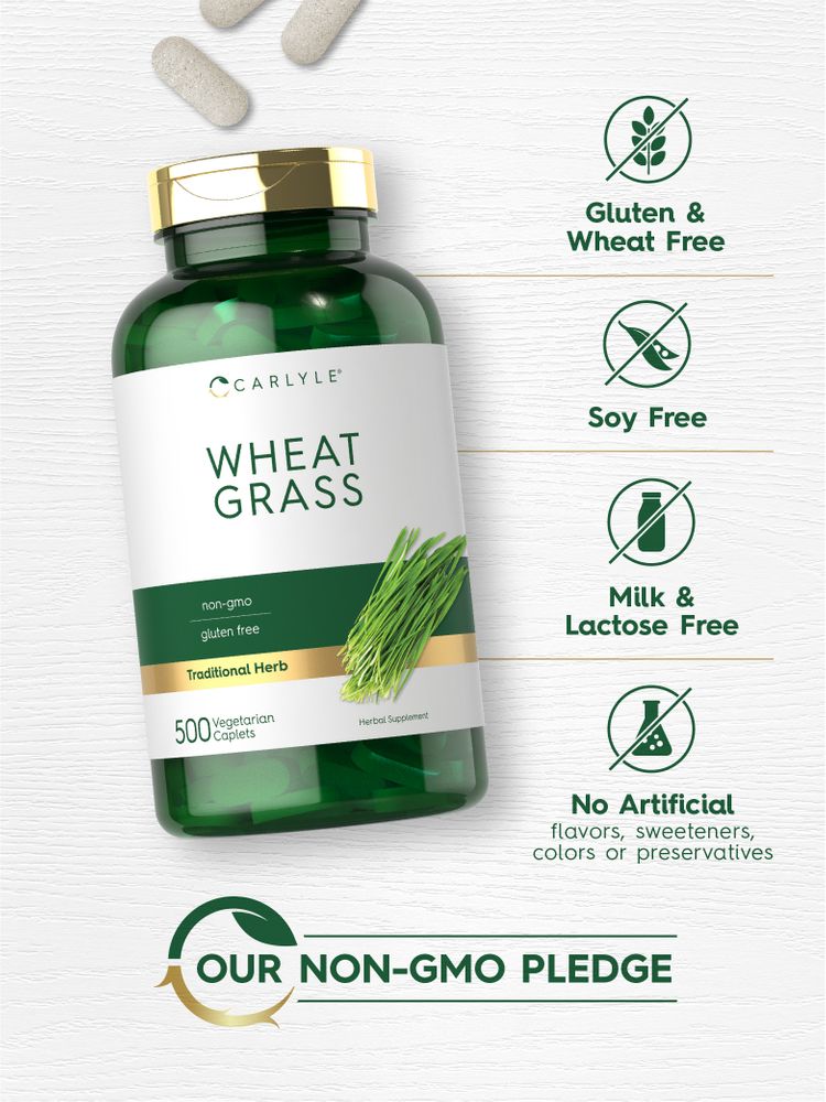 A bulk package containing Carlyle Wheat Grass 500 Vegetarian Caplets placed on a hand scale.
