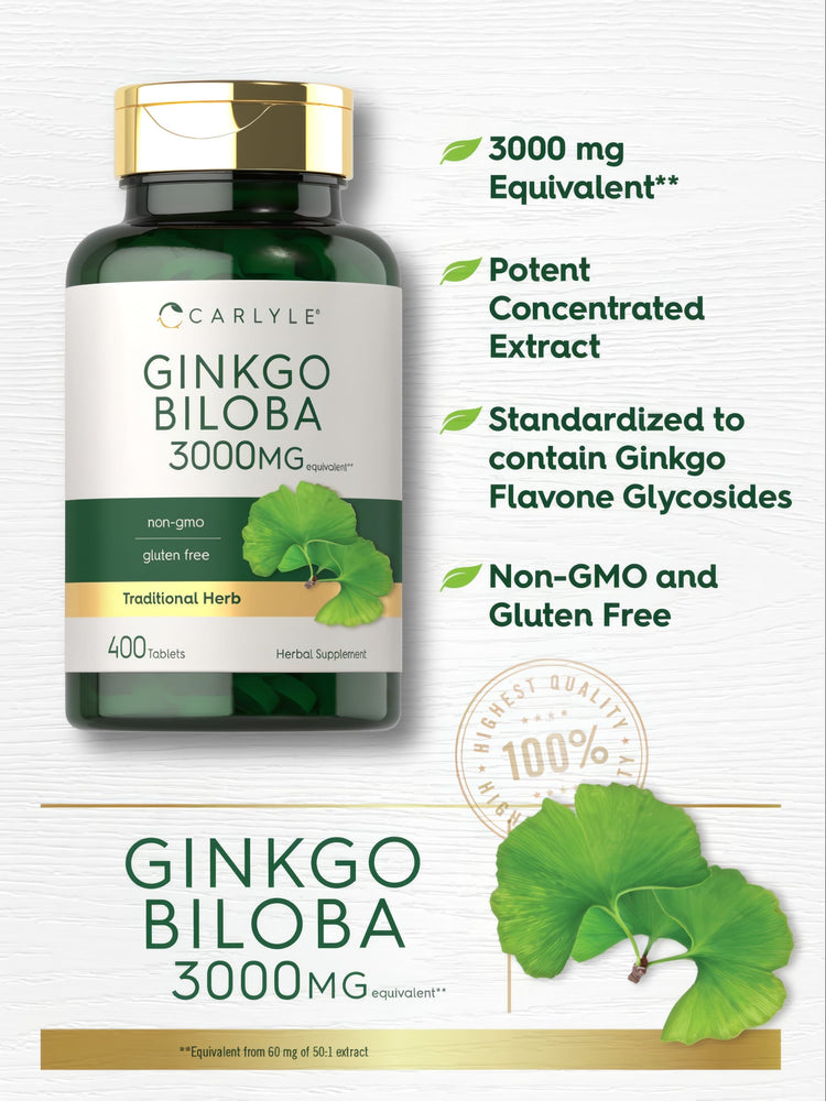 400 tablets of Carlyle Ginkgo Biloba, 3000 mg equivalent from 60 mg of 50:1 extract, on a hand scale.