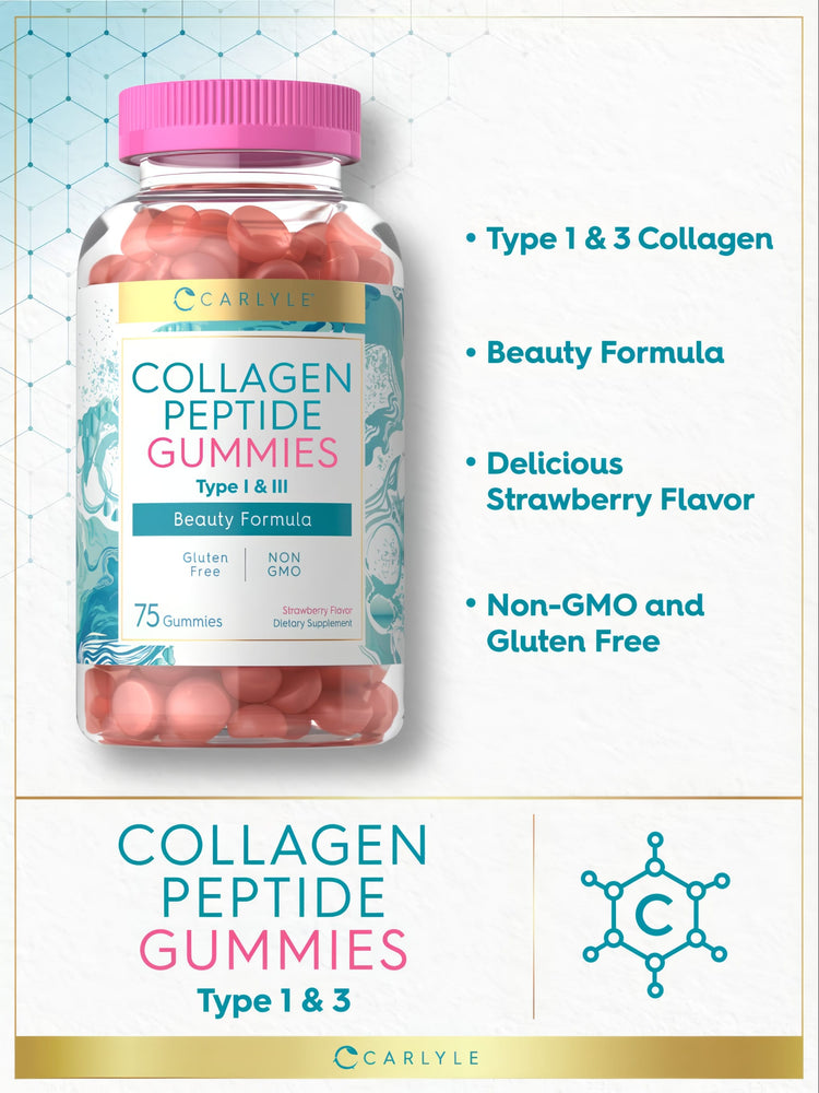 Carlyle Collagen Peptide Type 1 & 3 Gummies, 75 count, in a clear bottle, featuring pink, round gummies.