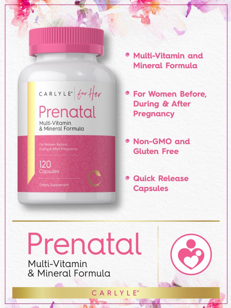 Carlyle Prenatal Multi-Vitamin & Mineral Formula, 120 capsules, shown next to a hand for scale purpose.