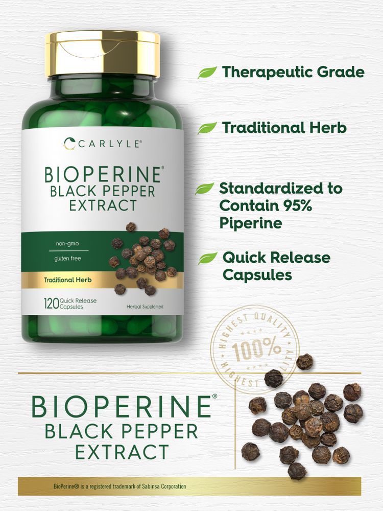 Carlyle Bioperine Black Pepper Extract bottle with 120 Quick Release Capsules and black peppercorns in bulk.
