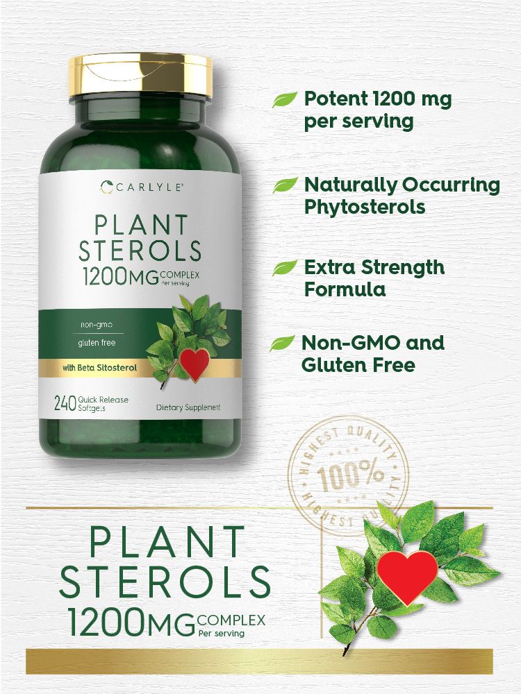 A bottle of Plant Sterols 1200 mg Complex containing 240 quick-release softgels, shown with a hand for scale.