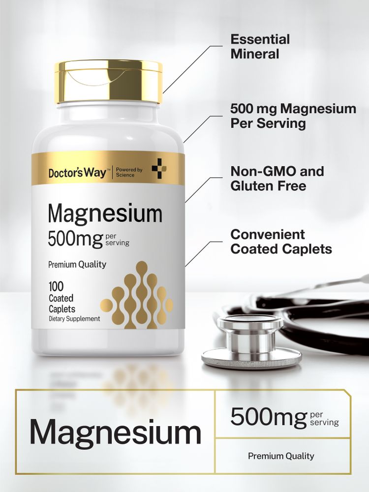 A bottle showing 100 coated caplets of Magnesium 500mg, placed on a hand scale for accurate measurement and display.