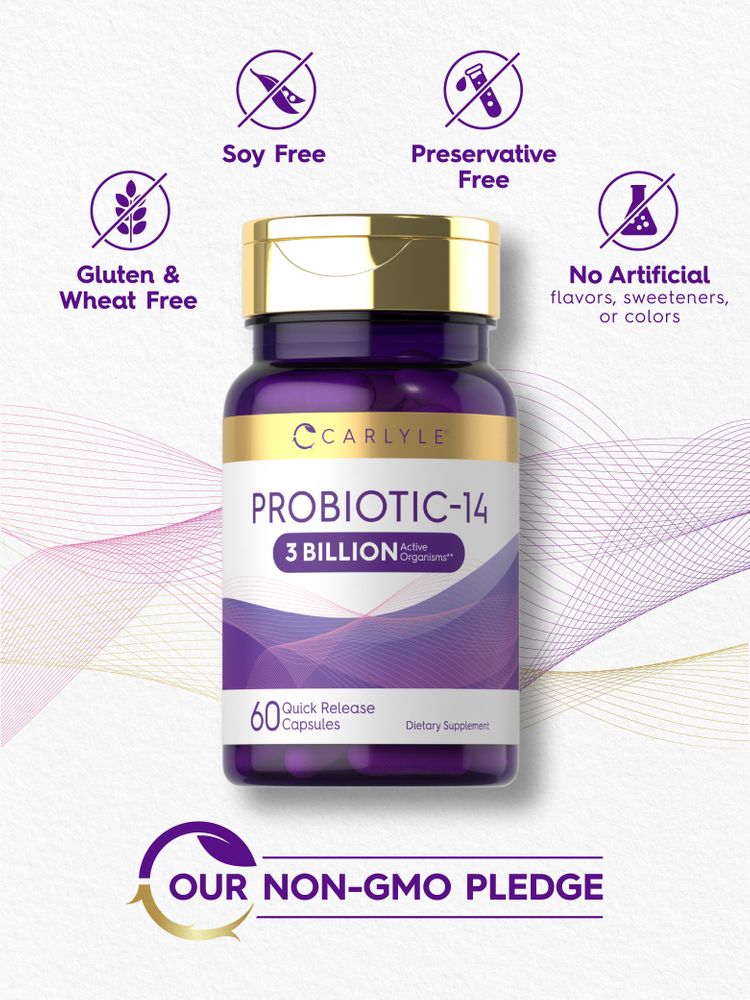 Probiotic bottle: Soy Free, Preservative Free, Gluten & Wheat Free, No Artificial Flavors/Sweeteners/Colors, OUR NON-GMO PLEDGE