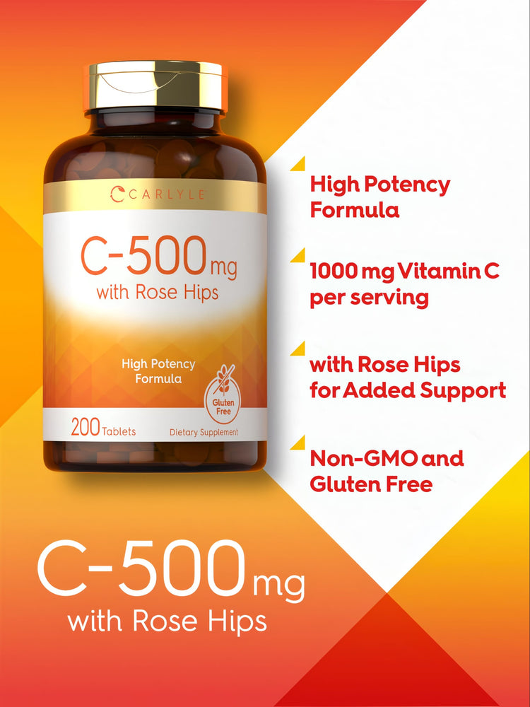 A bottle of C-500 mg with Rose Hips containing 200 tablets, shown resting on a hand scale for bulk measurement.
