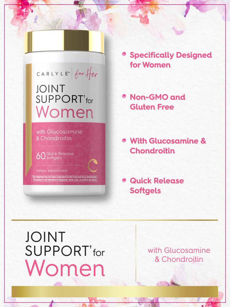 Carlyle Joint Support for Women, 60 quick-release softgels, shown on a hand for scale.
