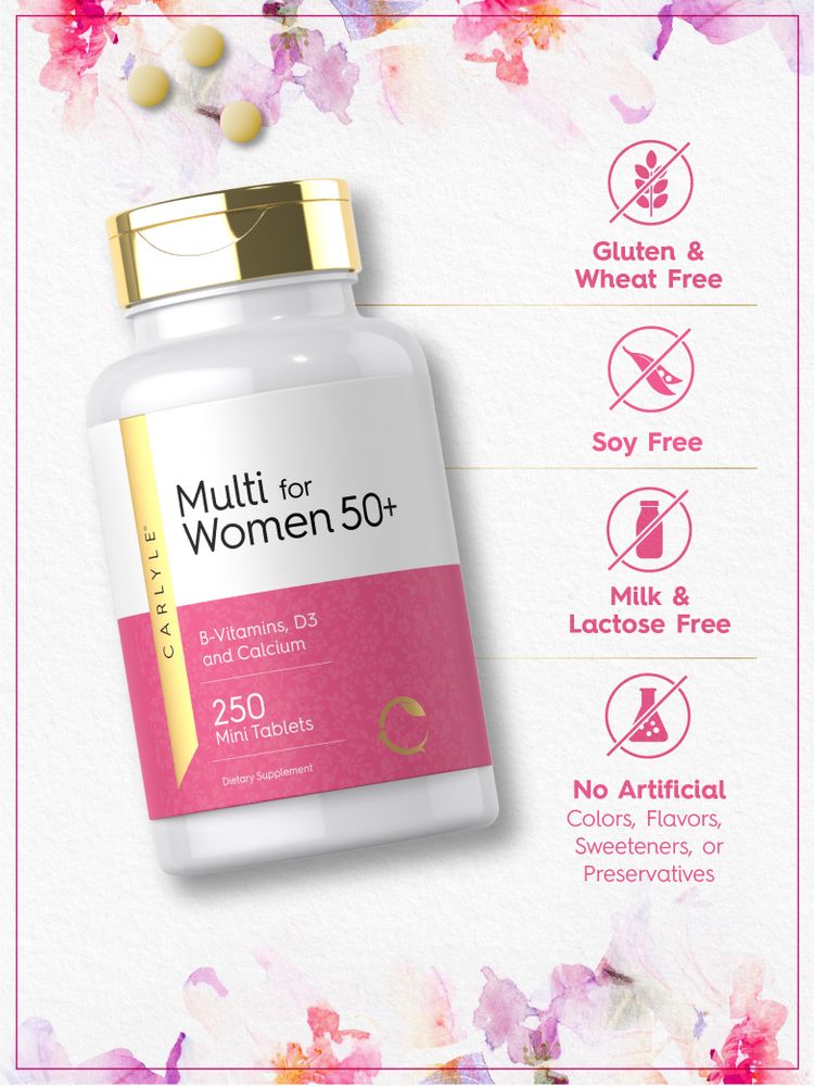 Multi for Women 50+ bottle: Gluten & Wheat Free, Soy Free, Milk & Lactose Free, No Artificial Colors/Flavors/Sweeteners/Preservatives