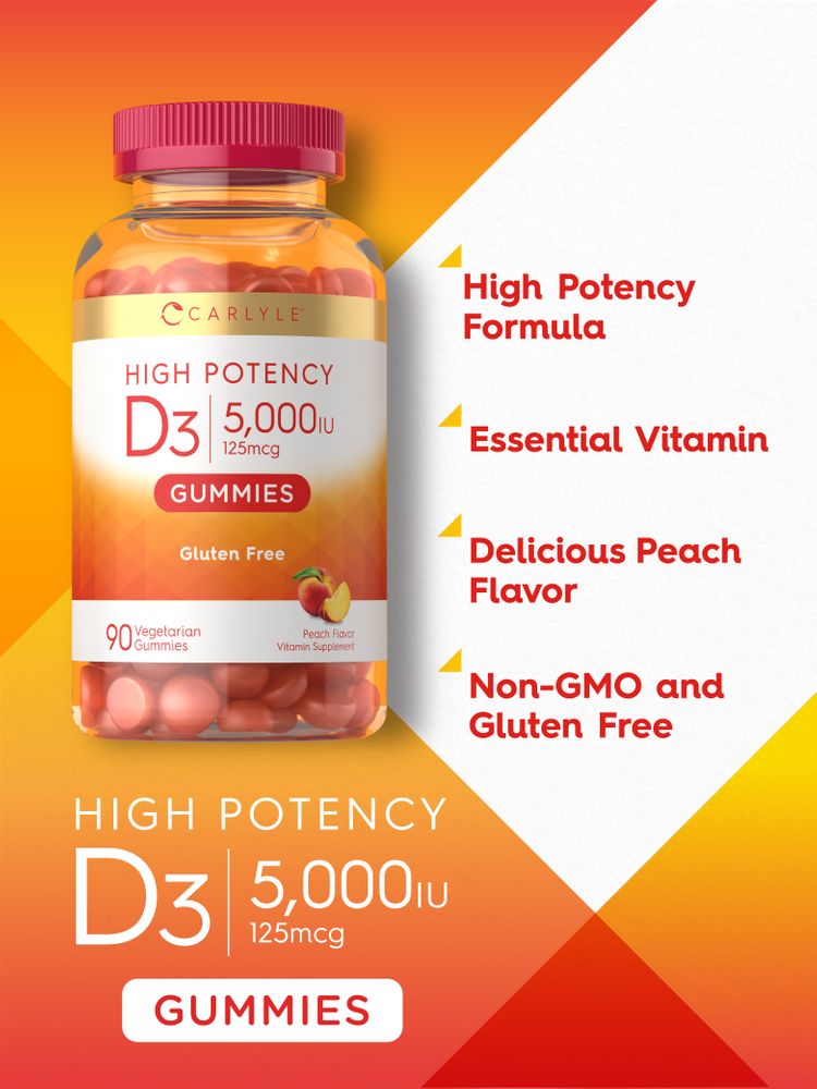 Carlyle Vitamin D3 5,000 IU (125 mcg) gummies, 90 peach-flavored pieces.