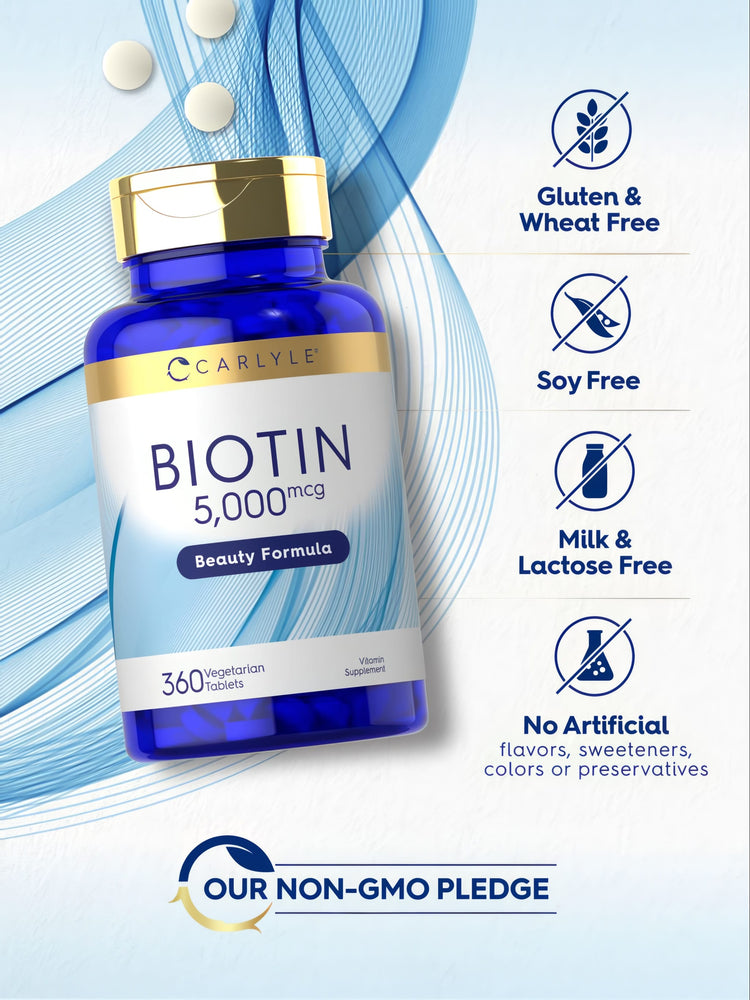 Hand holding Carlyle Biotin 5000 mcg bottle with 360 vegetarian tablets, emphasizing nutritional supplement details.