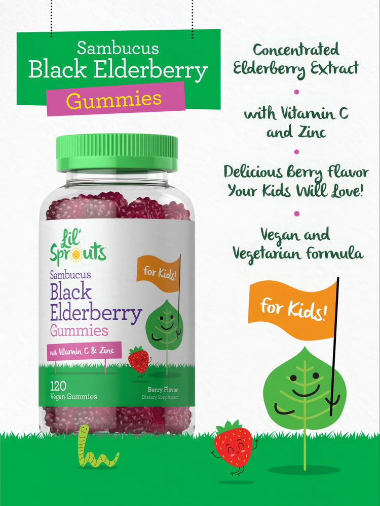 Bottle of Lil' Sprouts Sambucus Black Elderberry Gummies with 120 vegan gummies shown on a scale.