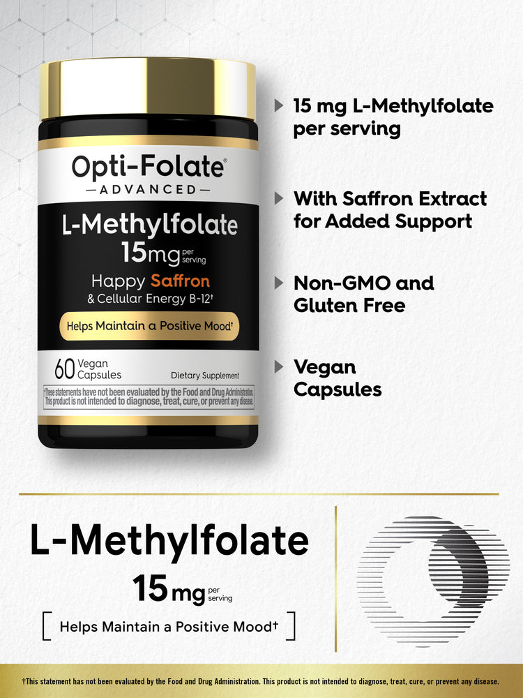 Opti-Folate L-Methylfolate 15mg, Saffron & B-12, 60 Vegan Capsules. Non-GMO and Gluten Free.