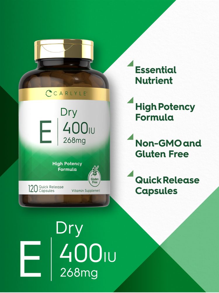 Carlyle Dry Vitamin E 400 IU, 268mg, 120 quick release capsules on a hand scale.