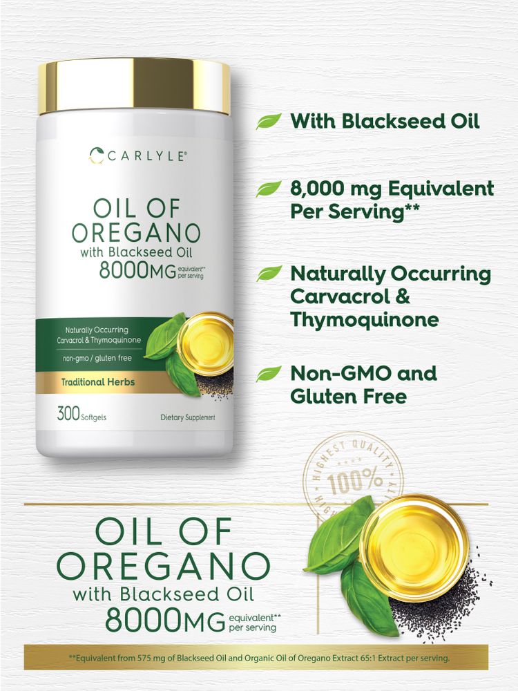 Hand holding 300 softgels of Carlyle Oil of Oregano with Blackseed Oil, 8000 MG equivalent per serving.