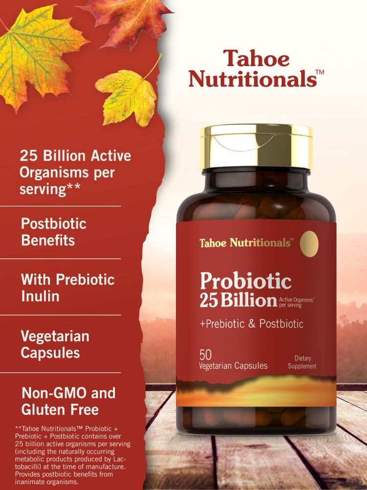 Tahoe Nutritionals Probiotic with Prebiotic and Postbiotic, 25 Billion, 50 Vegetarian Capsules on a bulk scale.