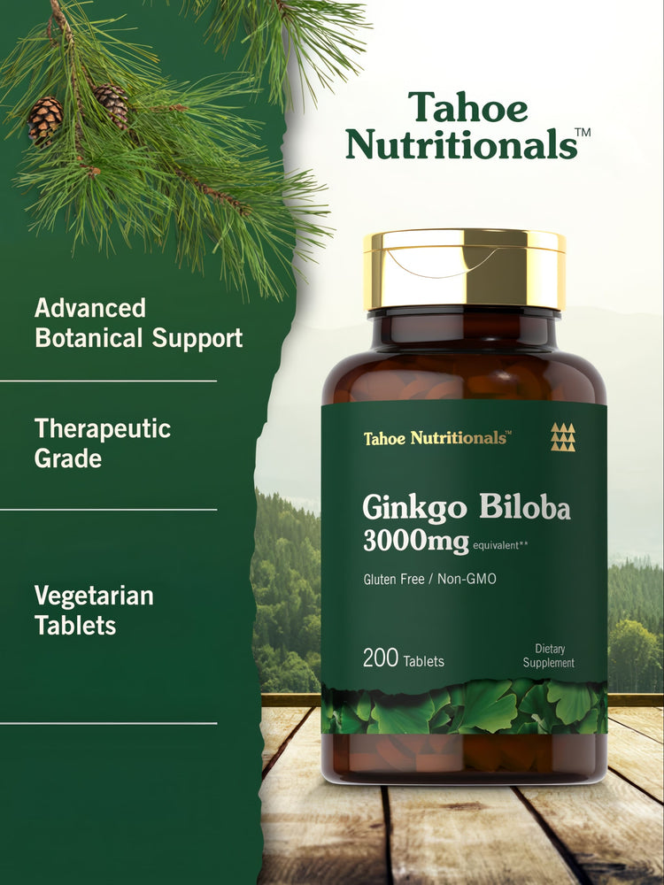 The image shows a hand holding a bottle of Ginkgo Biloba 3000mg equivalent tablets, containing 200 tablets.