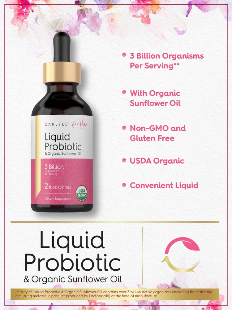 2 fl. oz. (59 mL) bottle with dropper containing liquid probiotic and organic sunflower oil.