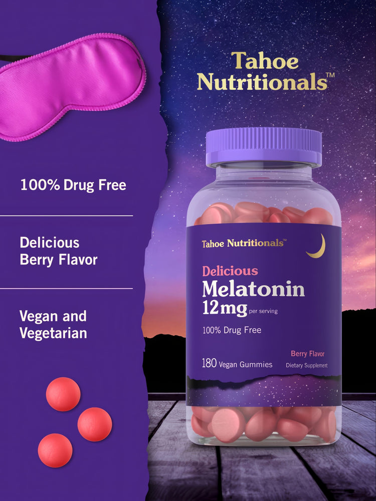 A hand holds three pink 12mg melatonin gummies.