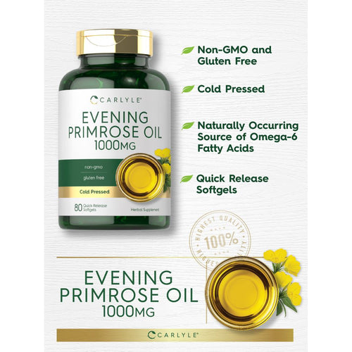 View 4 Carlyle Evening Primrose Oil 1000mg bottle with 80 quick release softgels, depicted on a hand scale for reference.