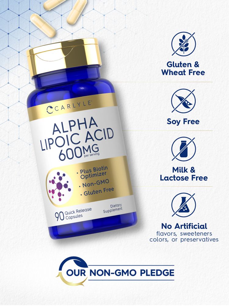 Carlyle Alpha Lipoic Acid 600 mg, 90 capsules in a quick-release format, shown on a hand-scale for size reference.