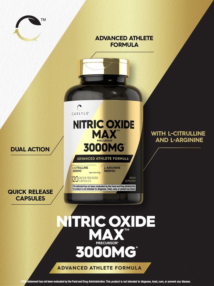 Carlyle Nitric Oxide Max Precursor 3000MG, containing 120 quick release capsules, displayed on a hand scale.