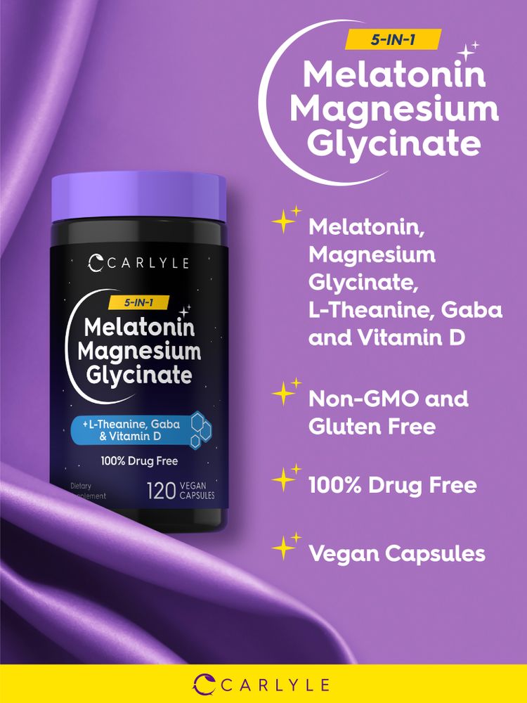 Product highlights graphic stating Melatonin, Mag Glycinate, L-Theanine, GABA & Vitamin D, Non-GMO and Gluten Free, 100% Drug Free, Vegan Capsules