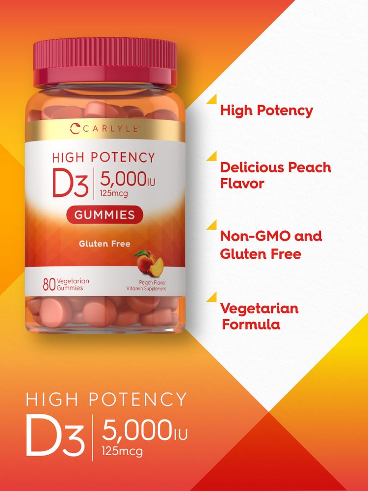 Carlyle High Potency D3 5,000IU 125mcg peach gummies, 80 count, in a clear jar.