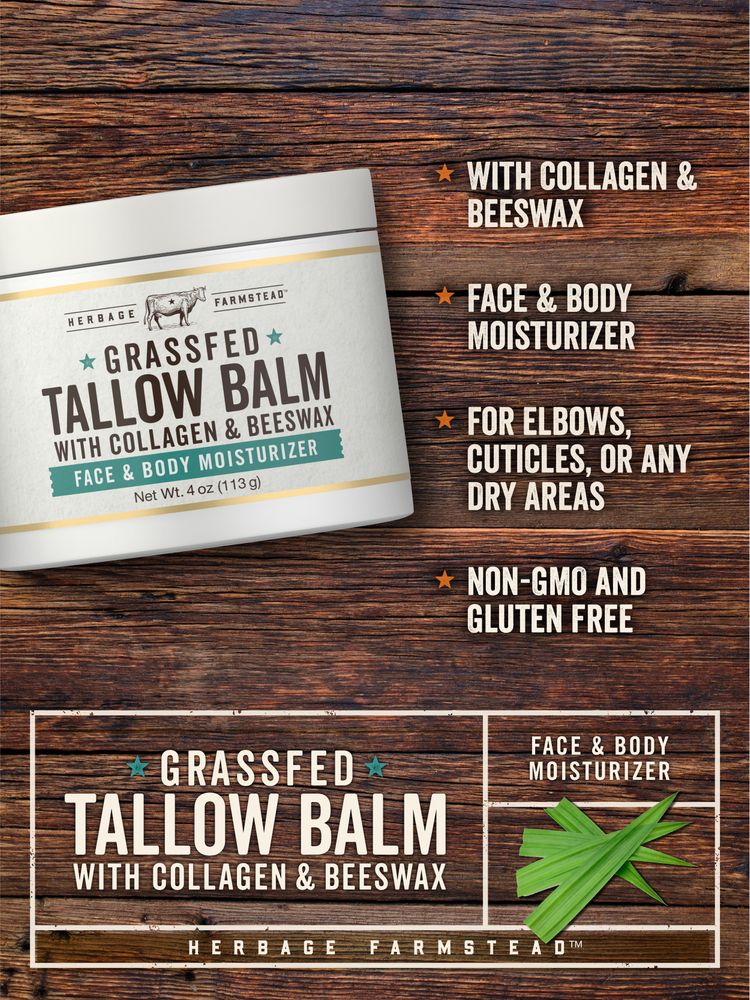 Jar of Grassfed Tallow Balm with Collagen and Beeswax, 4 oz (113 g), held in hand for scale demonstration.