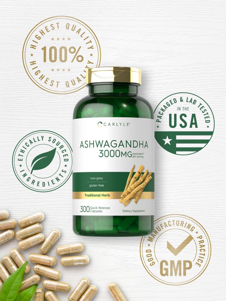 Hand holding a bottle of Ashwagandha 3000mg equivalent quick release capsules.