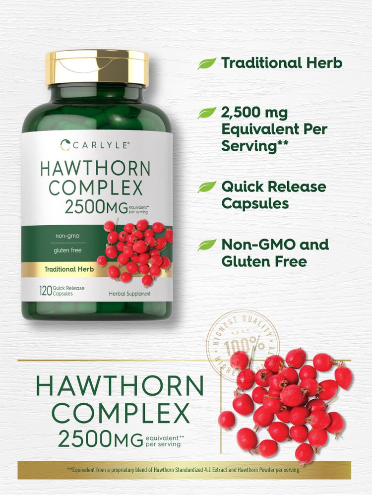 A pile of red hawthorn berries with the text 'HAWTHORN COMPLEX 2500MG equivalent** per serving' on display.