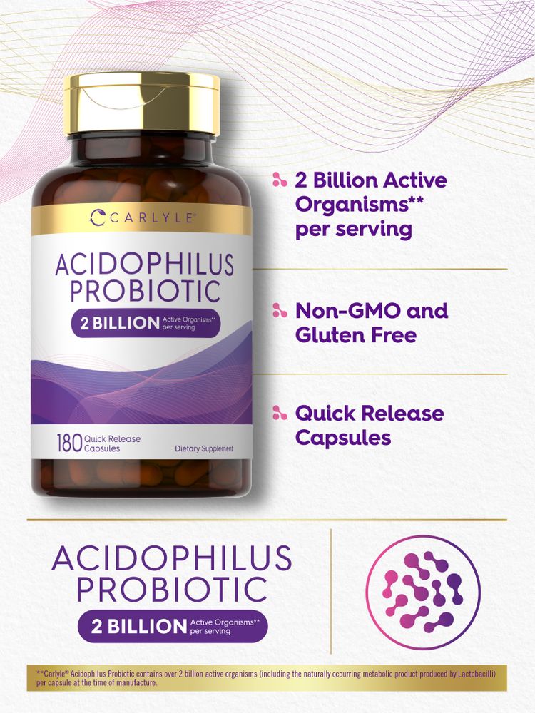 Graphic states 2 Billion Active Organisms per serving, Non-GMO and Gluten Free, with Quick Release Capsules.