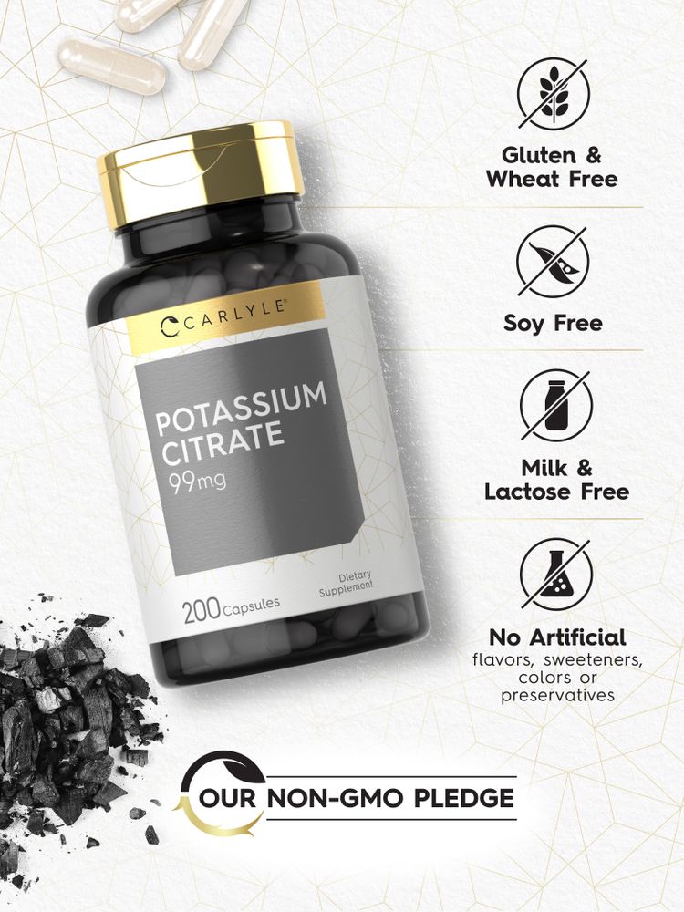 A hand holding a bulk container of 200 capsules, each containing 99mg of Potassium Citrate. Perfect for potassium supplementation.