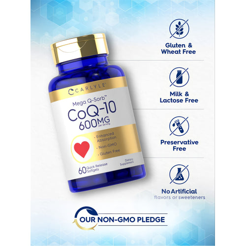 View 4 CoQ-10 bottle indicating gluten, wheat, milk, lactose, and preservative-free; no artificial flavors or sweeteners; non-GMO.
