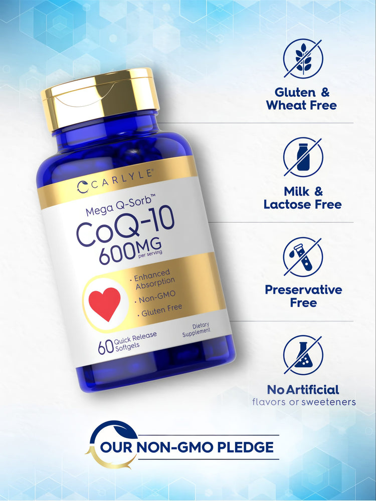 CoQ-10 bottle indicating gluten, wheat, milk, lactose, and preservative-free; no artificial flavors or sweeteners; non-GMO.
