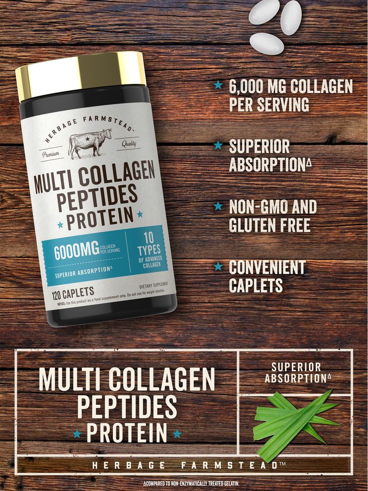Three white caplets provide 6,000 mg of collagen per serving.