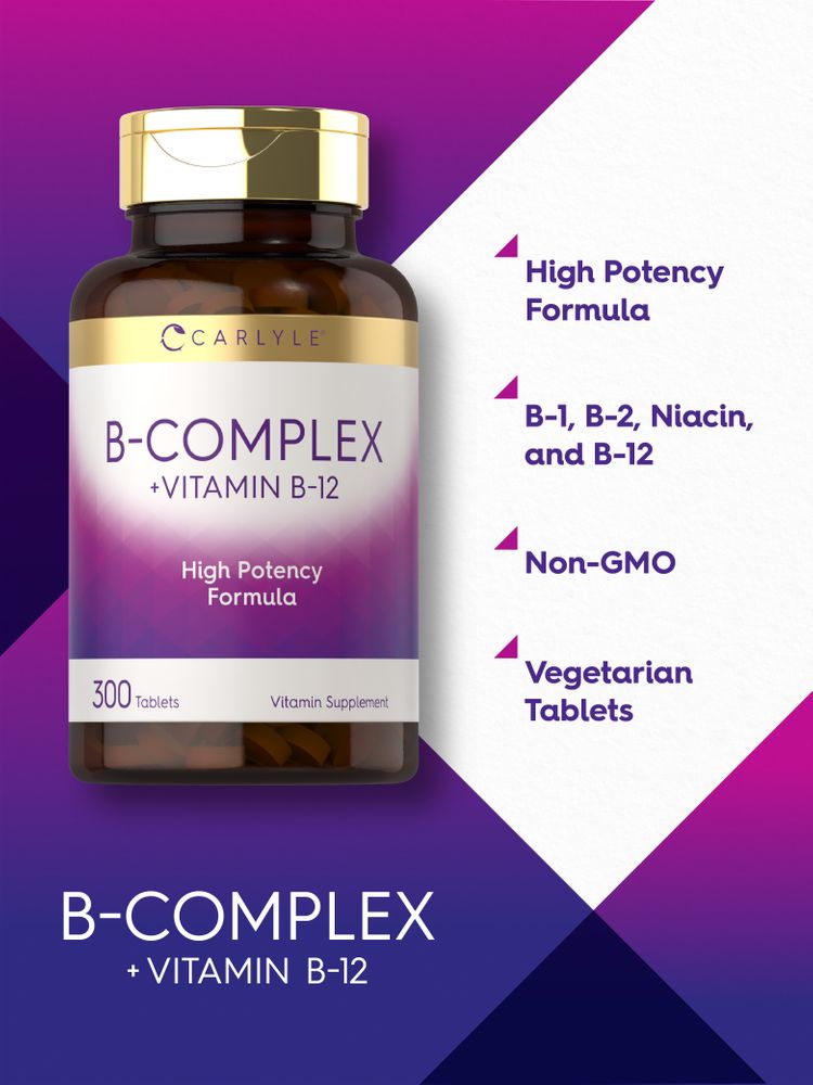 A hand holding a bottle of 300 B-Complex plus Vitamin B-12 tablets, highlighting the quantity and supplement information.