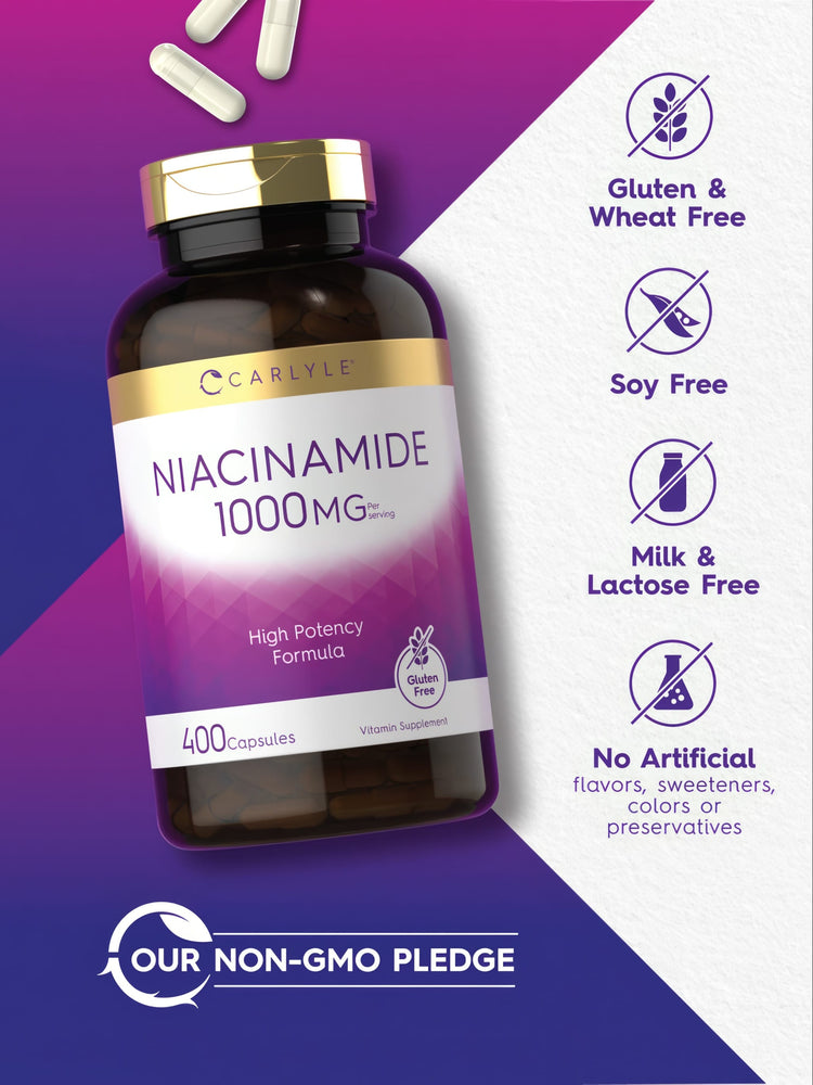 Bottle of Niacinamide 1000 mg with 400 white capsules shown beside it.