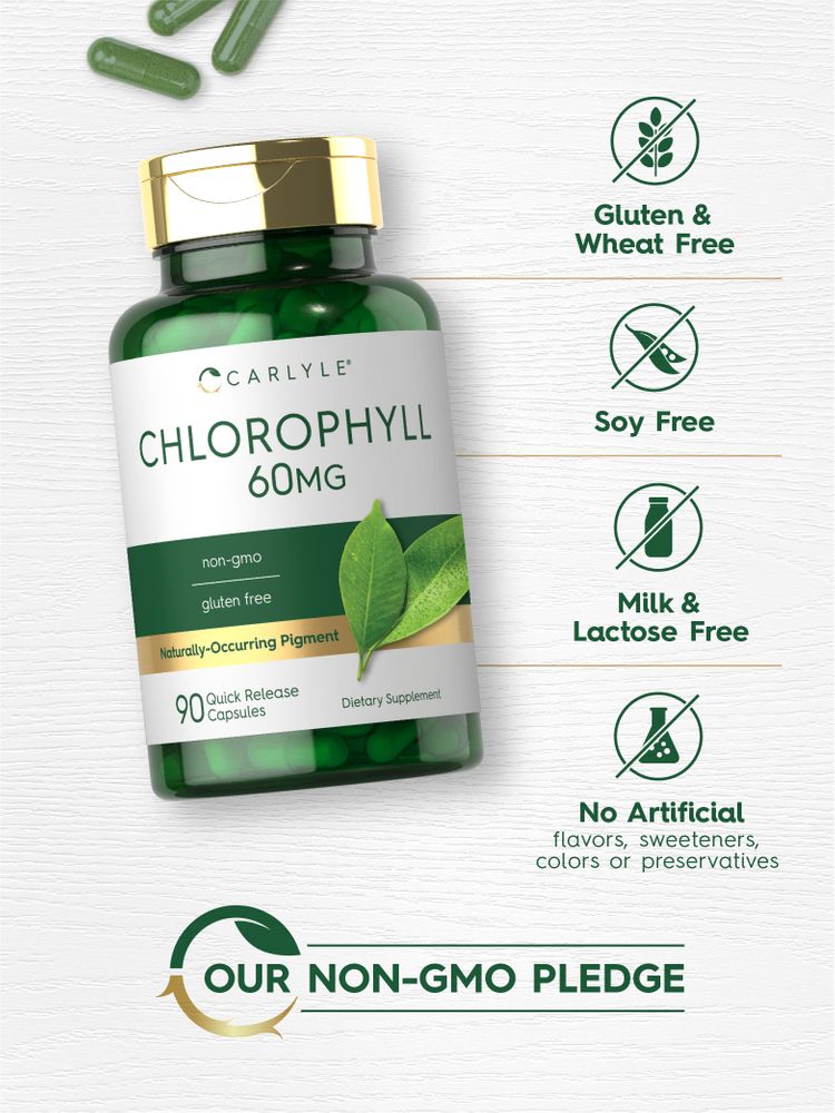 Quick release capsules of 60 mg green chlorophyll are scattered.