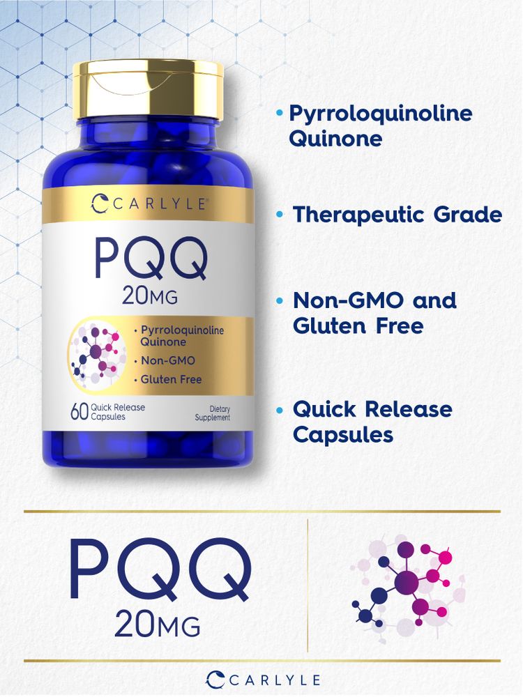 Carlyle PQQ 20mg Quick Release Capsules, 60 count bottle shown on hand scale.