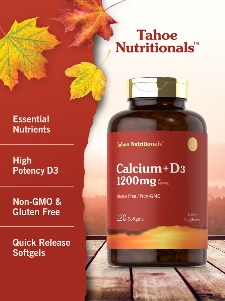 Graphic shows Essential Nutrients, High Potency D3, Non-GMO & Gluten Free attributes, and Quick Release Softgels.