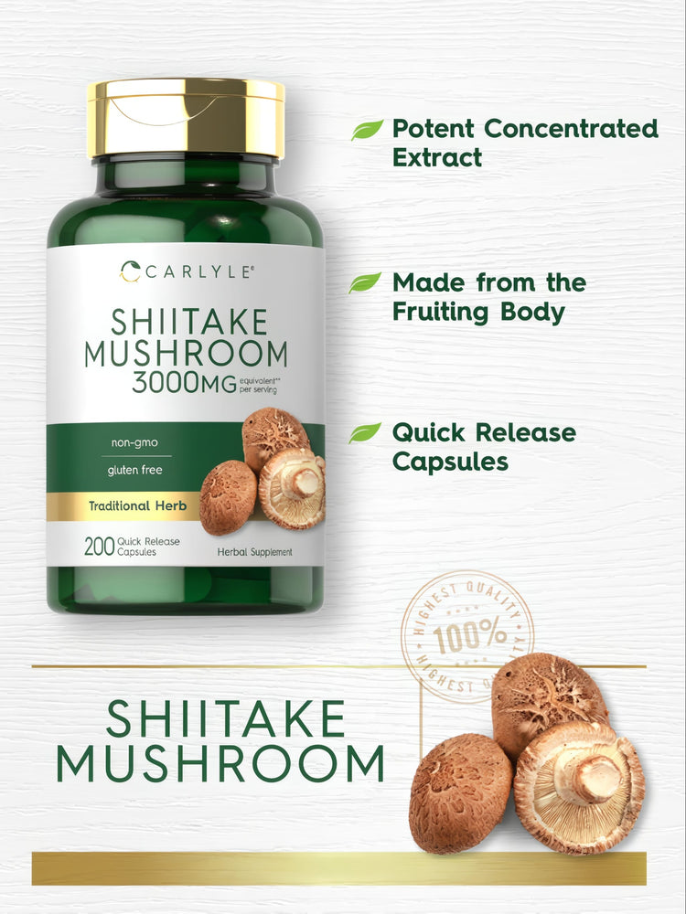Carlyle Shiitake Mushroom 3000mg 200 Quick Release Capsules bottle shown with fresh shiitake mushrooms.