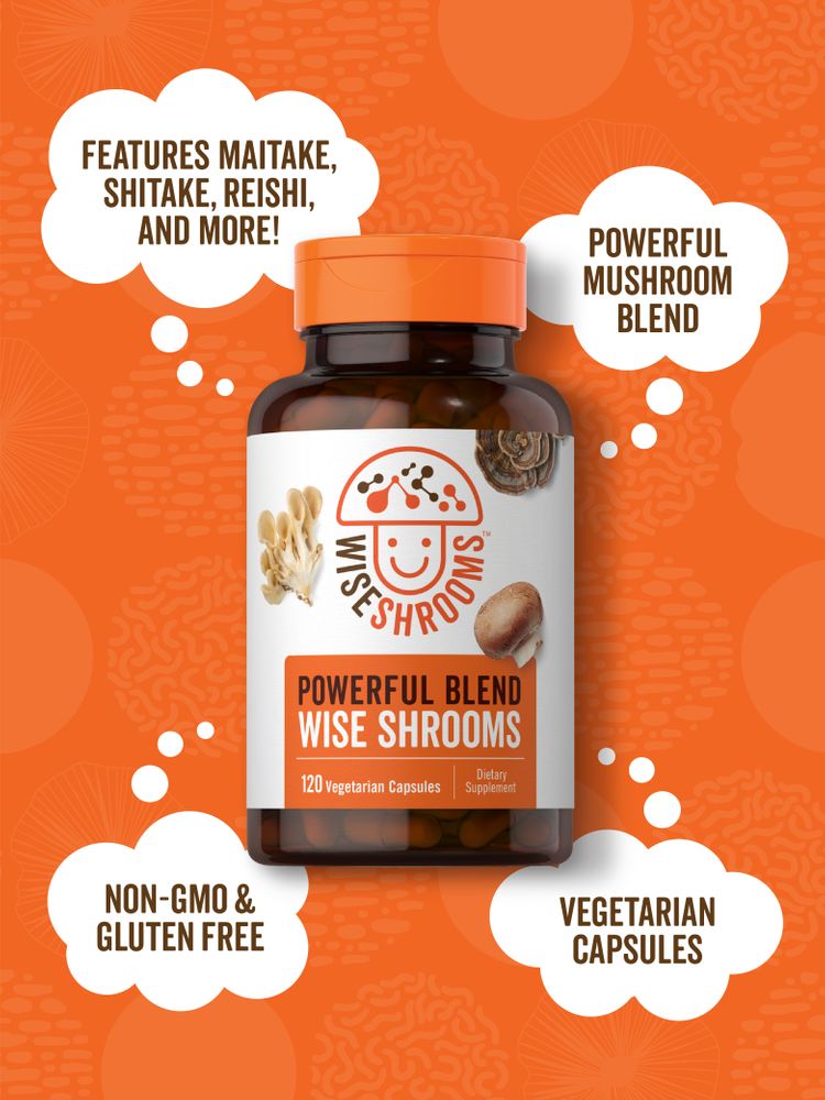 A hand holds a bottle of Wise Shrooms containing 120 vegetarian capsules, positioned on a scale for bulk measurement illustration.