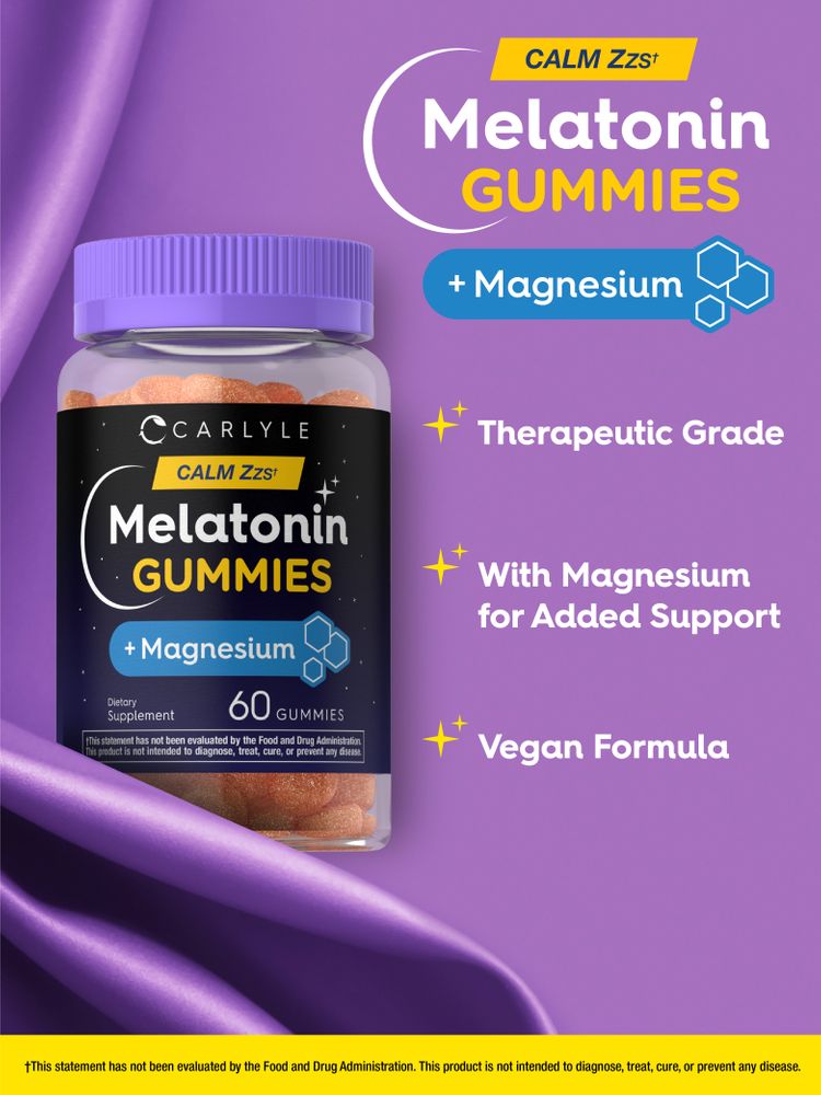 Carlyle Melatonin + Magnesium Gummies bottle containing 60 orange-brown, sugar-coated gummies.