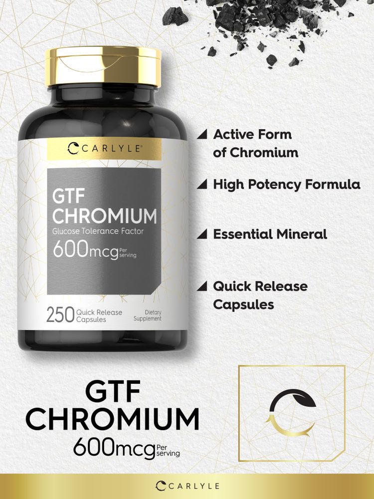 Carlyle GTF Chromium 600 mcg, 250 Quick Release Capsules displayed on a hand scale for size reference.