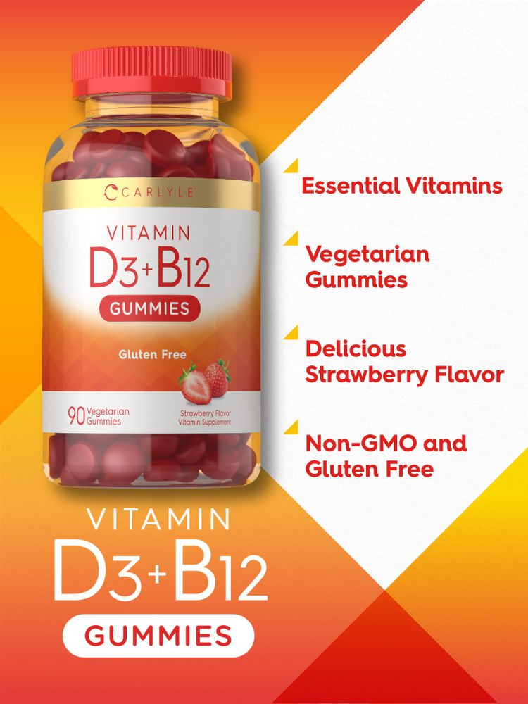 CL Carlyle Vitamin D3+B12: Clear bottle filled with 90 red, oval-shaped, strawberry-flavored, vegetarian, gluten-free gummies.