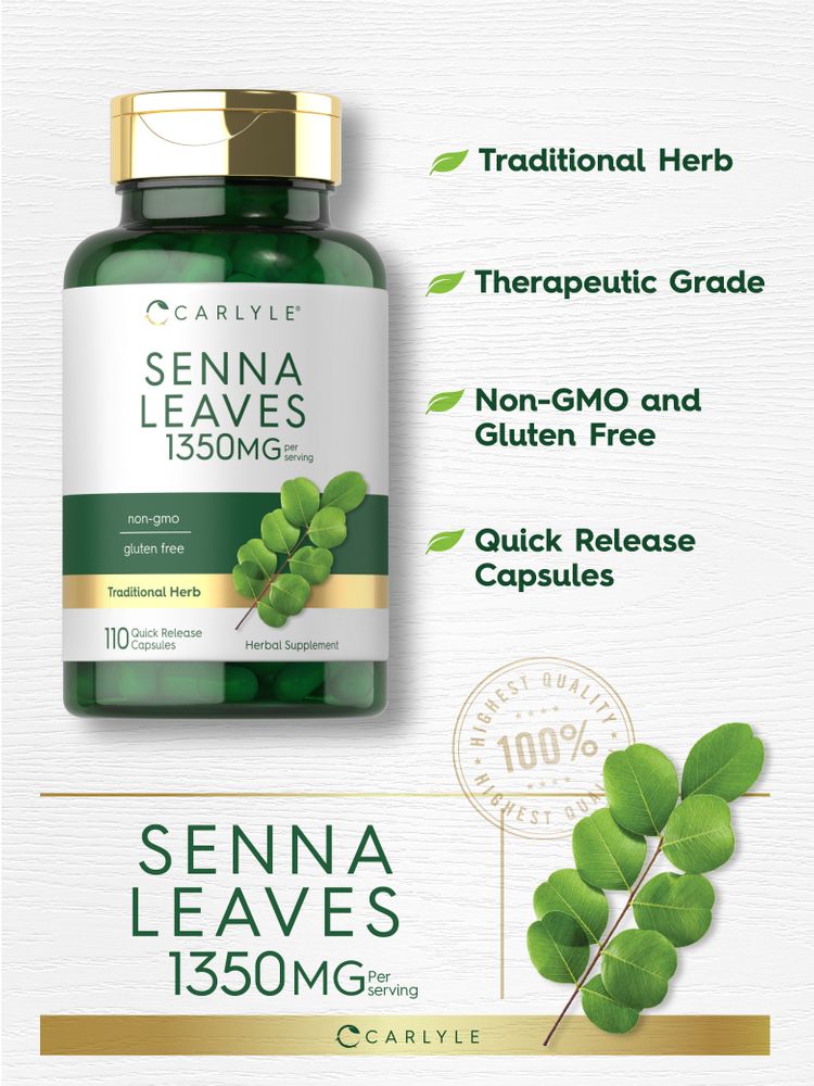 Carlyle Senna Leaves 1350mg per serving, 110 capsules in quick release bottles, shown on a hand scale.