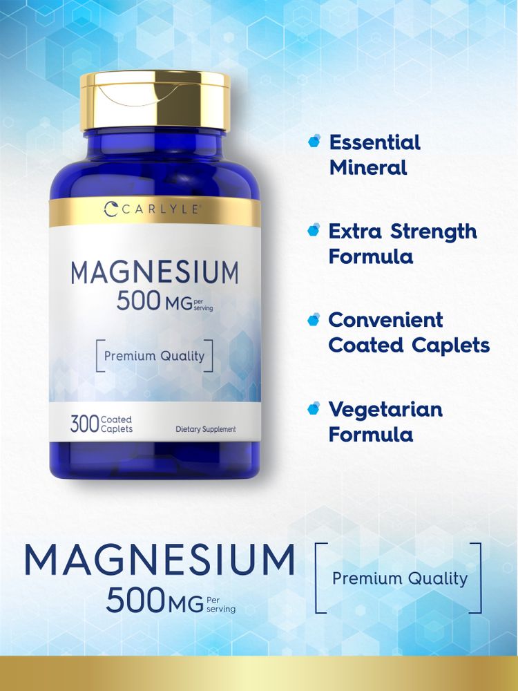 Graphic highlighting Essential Mineral, Extra Strength Formula, Convenient Coated Caplets, Vegetarian Formula in a complete summary.